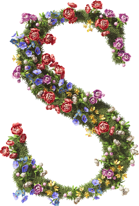 3D Flower Letter S. Vintage Garden Floral and Plants Font Serif on Transparent Background