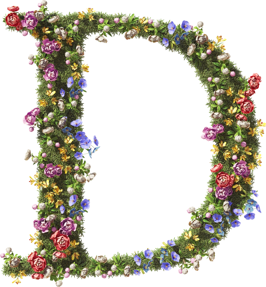 3D Flower Letter D. Vintage Garden Floral and Plants Font Serif on Transparent Background