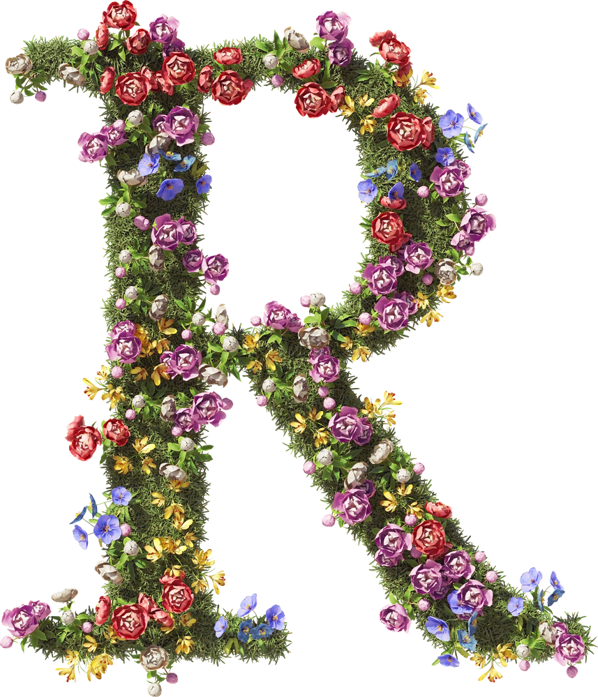 3D Flower Letter R. Vintage Garden Floral and Plants Font Serif on Transparent Background