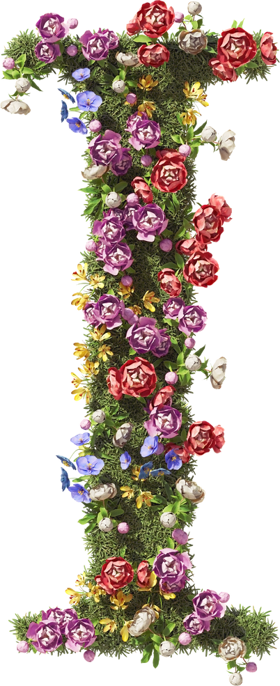 3D Flower Letter I. Vintage Garden Floral and Plants Font Serif on Transparent Background