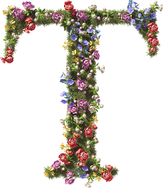 3D Flower Letter T. Vintage Garden Floral and Plants Font Serif on Transparent Background