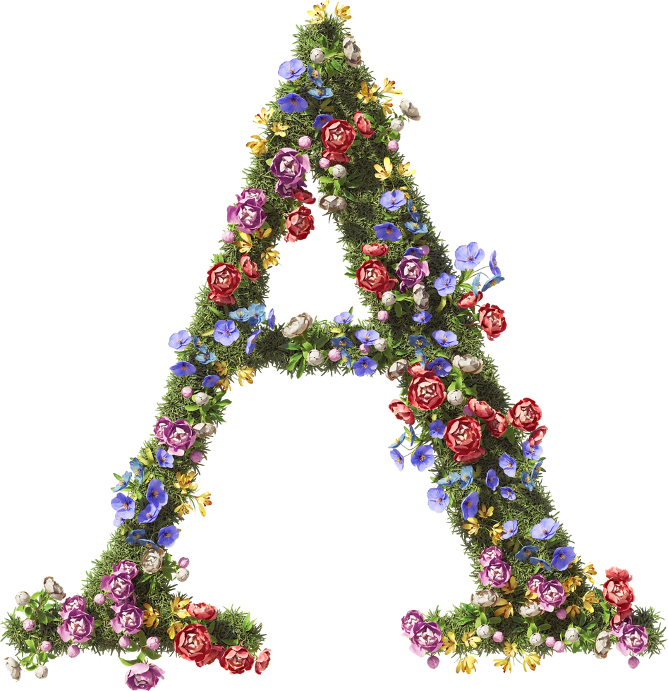 3D Flower Letter A. Vintage Garden Floral and Plants Font Serif on Transparent Background